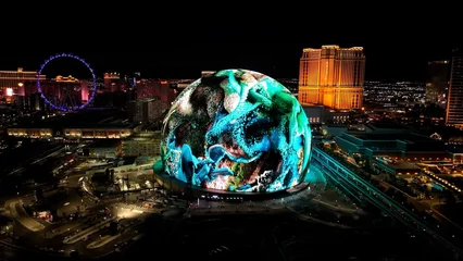  Las Vegas Sphere At Las Vegas In Nevada United States. Famous Night Landscape. Entertainment Scenery. Las Vegas Sphere At Las Vegas In Nevada United States.  © ByDroneVideos