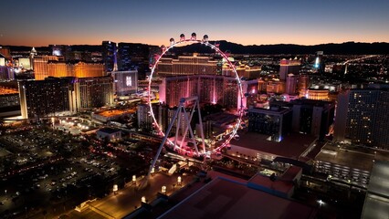 High Roller At Las Vegas In Nevada United States. Famous Night Landscape. Entertainment Scenery. High Roller At Las Vegas In Nevada United States. 
