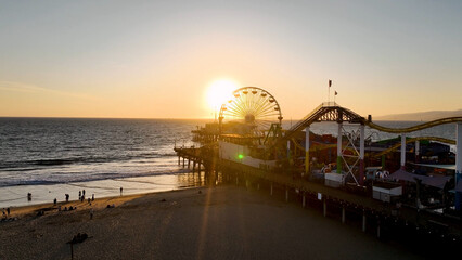 Santa Monica Pier At Los Angeles In California United States. Amusement Park Harbor Scenery. Ferris...