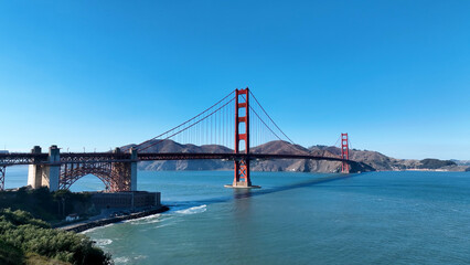 Golden Gate Bridge At San Francisco In California United States. Megalopolis Downtown Cityscape....