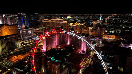 Illuminated City At Las Vegas In Nevada United States. Famous Night Landscape. Entertainment Scenery. Illuminated City At Las Vegas In Nevada United States. 