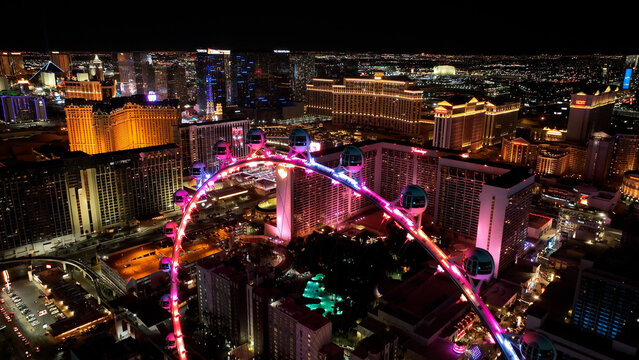 High Roller At Las Vegas In Nevada United States. Famous Night Landscape. Entertainment Scenery. High Roller At Las Vegas In Nevada United States. 