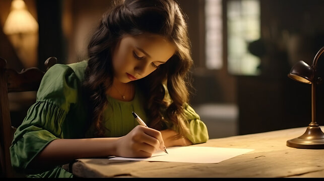 Young girl writing a pen pal letter. Concept of Friendship Across Borders, Cultural Exchange, and the Joy of Correspondence.