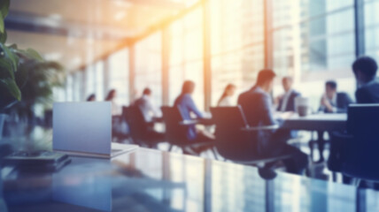 People meeting at table.. Abstract blurred office interior space background.