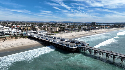 Crystal Pier At Pacific Beach In San Diego United States. Paradisiac Beach Scenery. Seascape Landmark. Crystal Pier At Pacific Beach In San Diego United States. 