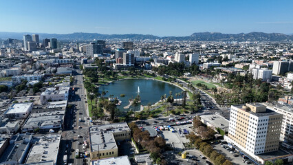 Macarthur Park Lake At Los Angeles In California United States. Corporate Buildings Scenery....