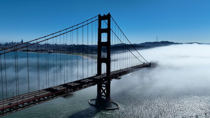 Golden Gate Bridge Aerial At San Francisco In California United States. Megalopolis Downtown Cityscape. Business Travel. Golden Gate Bridge Aerial At San Francisco In California United States. 
