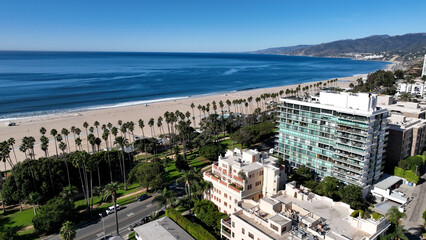 Beach Scene At Santa Monica In Los Angeles United States. Coast City Landscape. Downtown Cityscape....