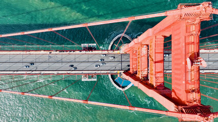Golden Gate Bridge At San Francisco In California United States. Cable Bridge Aerial Landscape....