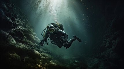 Scuba diver underwater exploring the deep ocean. Concept of Underwater Adventure, Marine Exploration, and the Mysteries of the Deep Sea.