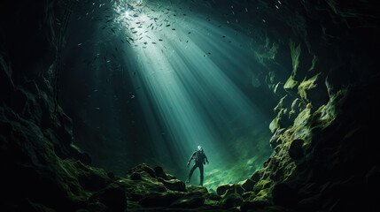 Scuba diver underwater exploring the deep ocean. Concept of Underwater Adventure, Marine Exploration, and the Mysteries of the Deep Sea. - obrazy, fototapety, plakaty