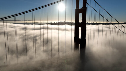 Golden Gate Bridge Fog At San Francisco In California United States. Highrise Building...