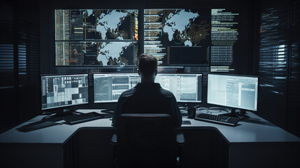 Security analyst officer keeping a computer safe. Concept of Cybersecurity, Digital Protection, and Safeguarding Information.