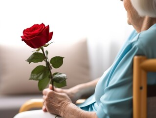 Close-up of grandmother's hand holding a rose. Women's Day.