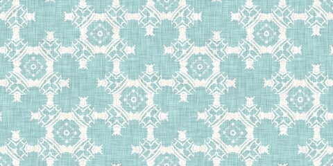 Aqua teal blue white vibrant watercolor batik azulejos tile border banner background. Seamless coastal blur linen effect geometric mosaic effect.Boho Patchwork nautical masculine summer ribbon trim.  - obrazy, fototapety, plakaty