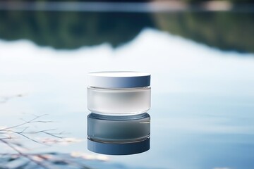 White blank cosmetic jar mock up lies on the water surface - obrazy, fototapety, plakaty