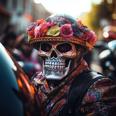 Fototapeta na wymiar People in skull masks at a motorcycle rally. Great for stories of the grim reaper, motorcycle gangs, demons, horror, crime and more. 