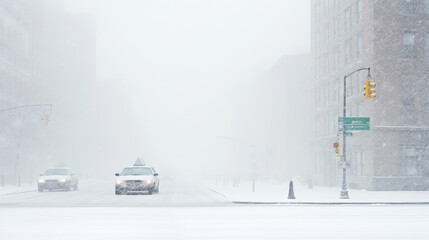Traffic in the city, cars waiting at the crossroads in snow blizzard