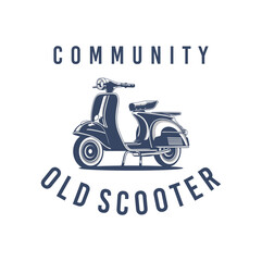 Vintage old scooter motorcycle logo design.  Retro italian old scooter logo illustration isolated on white background.