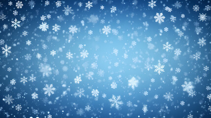 Fototapeta premium Snowy blue background with falling snowflakes. Christmas winter snowfall with white snow flakes.