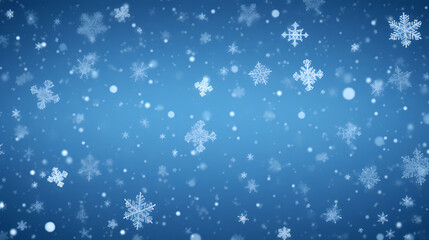Obraz premium Snowy blue background with falling snowflakes. Christmas winter snowfall with white snow flakes.