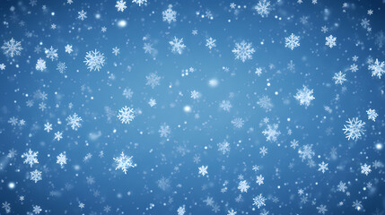 Fototapeta premium Snowy blue background with falling snowflakes. Christmas winter snowfall with white snow flakes.