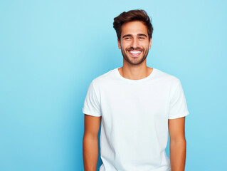 Man wearing a plain tshirt standing in front of isolated blue background - ai generative