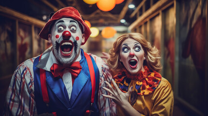 Fototapeta premium Surprised couple dressed as clowns screaming. Concept of Startling Moments, Halloween Horror, and Whimsical Frights.