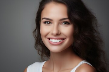 Young woman with beautiful smile on grey background. Teeth whitening
