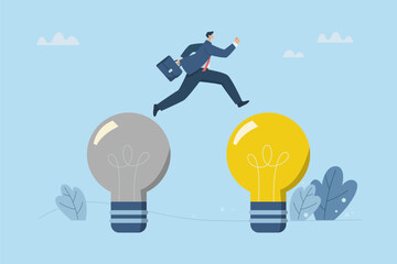 Business change concept, Shifting from old ideas to new ideas, creativity, New innovations and improvements, Businessman jumps from a dark light bulb to a brighter light bulb. Vector illustration.
