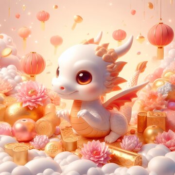 Chinese dragon, young baby dragon white silver color, porcelain ceramic skin, baby dragon in Chinese lunar new year with Oriental Chinese decorations, lanterns, flowers, golden on pastel background