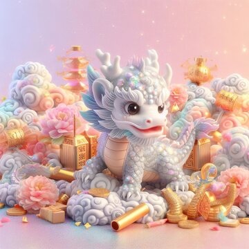 Chinese dragon, young baby dragon white silver color, porcelain ceramic skin, baby dragon in Chinese lunar new year with Oriental Chinese decorations, lanterns, flowers, golden on pastel background
