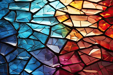 A detailed view of a colorful glass mosaic, showcasing intricate patterns and a variety of hues