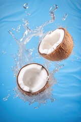 coconut with splashes fly in the air on blue pastel background.