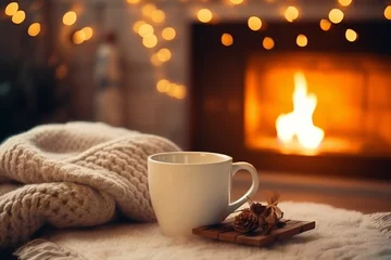 Poster A mug of hot tea stands on a chair with a woolen blanket in a cozy living room with a fireplace. Cozy winter day © JAYDESIGNZ