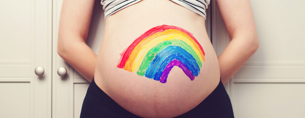 Pregnant woman holding belly with painting. Waiting for baby concept. Belly painting and maternity...