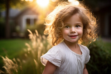 Beautiful portrait of a 3-year-old girl kid playing in yard at sunrise