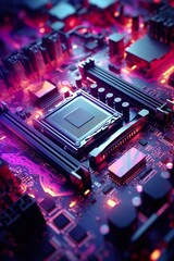 Fototapeta premium A close-up of a graphic card's intricate circuitry and components, illuminated by dynamic RGB lighting