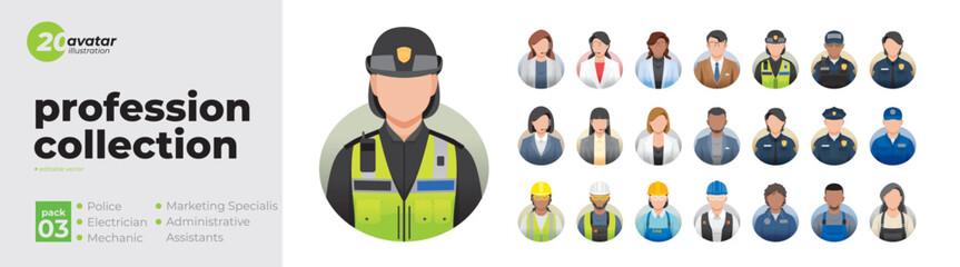 Profession collection profile avatar icons. Set of illustrations of people in various professions. Police, Electrician, Mechanic, Marketing Administrative Assistants. Flat style vector design - obrazy, fototapety, plakaty