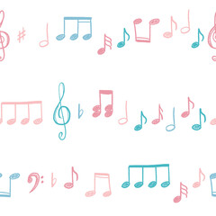 Seamless music texture - notes and clefs doodle fashion print pattern. PNG graphics with transparent background.