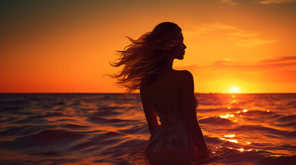 Fototapeta premium Silhouette of a woman on the beach.