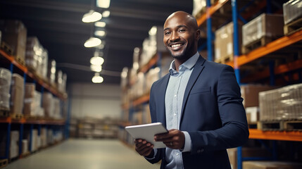 Smiling salesman in a hardware warehouse standing checking supplies on his tablet.
