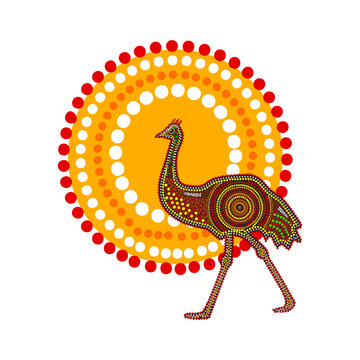 Ostrich and sun in decorative ethnic style on white background. Aboriginal tribal styled emu. Australia aboriginal traditional culture art style of dot. Aboriginal tribal art craft.Vector illustration