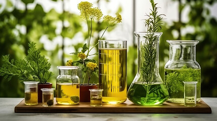 Natural organic botany and scientific glassware, Alternative herb medicine, Natural skin care beauty products, Research and development concept. - obrazy, fototapety, plakaty