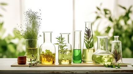 Foto op Plexiglas Natural organic botany and scientific glassware, Alternative herb medicine, Natural skin care beauty products, Research and development concept. © Santy Hong