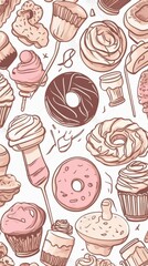 Various sweet desserts, creating a delightful and visually appealing arrangement. Line art style illustration pattern background. 