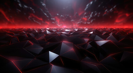 A vanishing perspective of red metallic geometric shapes with a glossy finish. 