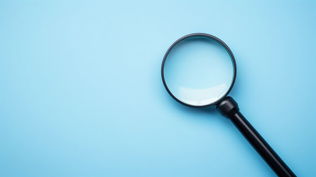 Top view empty lens black magnifying glass on white blue pastel background. Flat lay object and inspection investigate science equipment tool concept. Police and Ciencia forense theme. Copy space.