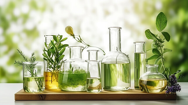Natural organic botany and scientific glassware, Alternative herb medicine, Natural skin care beauty products, Research and development concept.