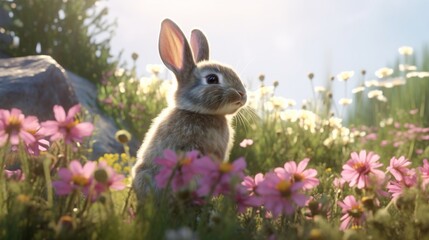 cute bunny realistic hd 4k glade flowers sunny colorful.Generative AI